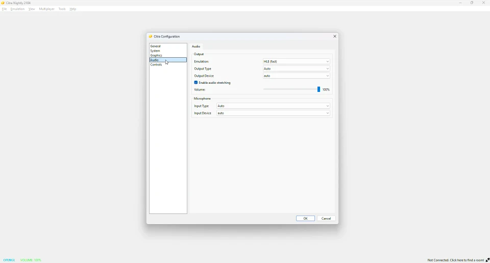 Citra audio output and volume settings