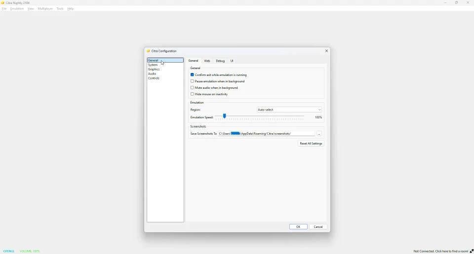 Citra general settings showing the user data path