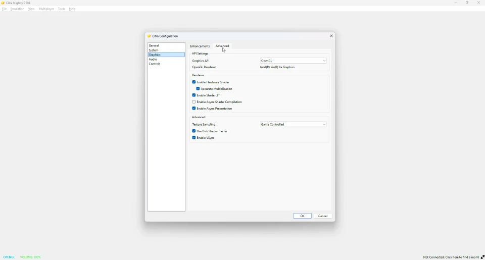 Citra advanced graphics settings with hardware shader and disk shader cache
