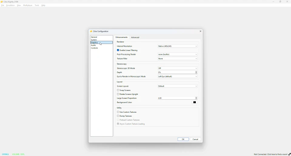 Citra graphics enhancement settings with internal resolution and texture options