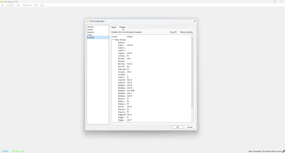 Citra hotkeys tab showing keyboard shortcuts