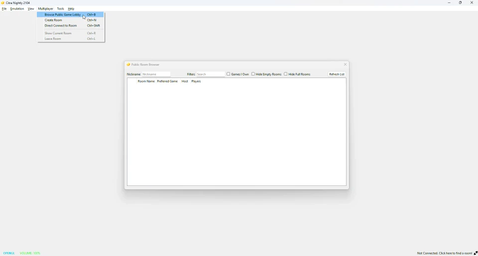 Citra Public Room Browser with the room list and filters