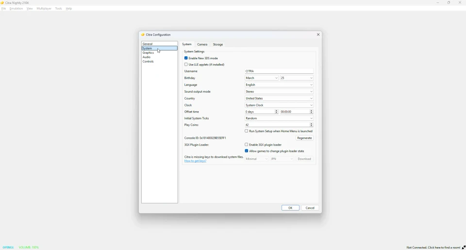 Citra system settings showing the missing keys prompt