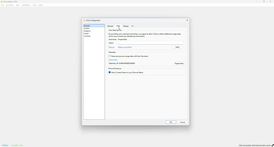 Citra web service settings with username and token